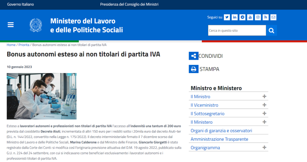 Bonus autonomi esteso ai professionisti senza partita Iva